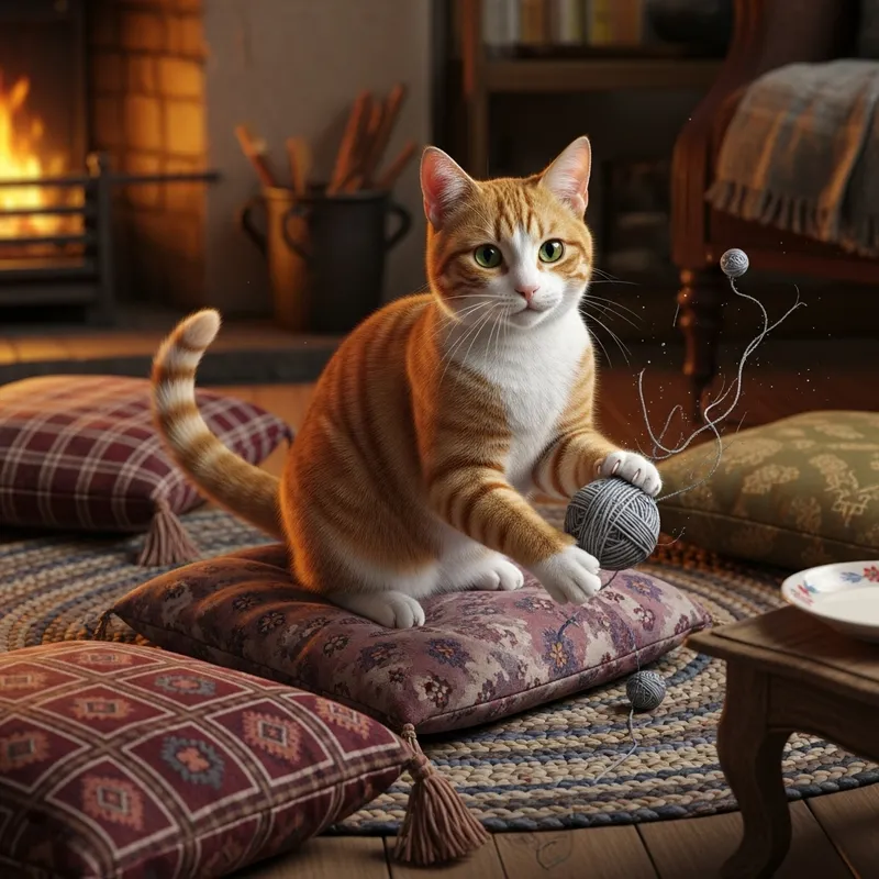 Charming Tabby Cat with Yarn in Cozy Home