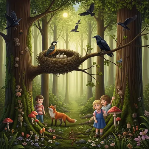 Enchanting Forest Scene with Nest, Birds, and Children