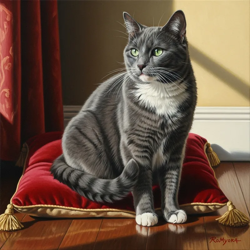 Stunning Gray Cat on Red Cushion | Beautiful Oil Painting Art Stunning Gray Cat on Red Cushion | Beautiful Oil Painting Art