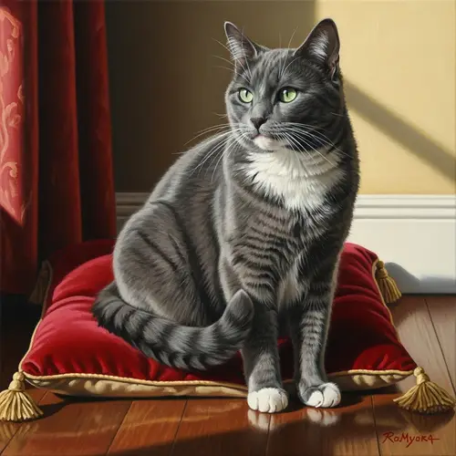 Gray Domestic Cat on Plush Red Cushion | Oil Painting Art