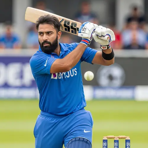 Powerful South Asian Cricket Player in Blue Jersey Batting