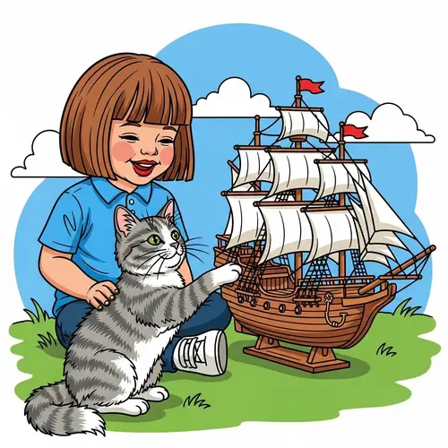 Detailed Clipart Style Illustration: Boy with Red Lips & Toy Ship