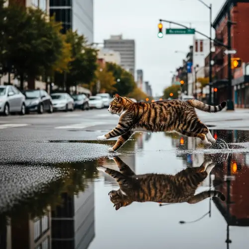 Unique Colorful Cat Sprinting Through Flooded City Street