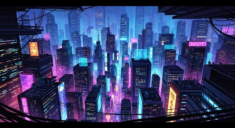 Futuristic Metropolis: Neon Lights, Cyberpunk Skyscrapers & Intriguing Ambiance