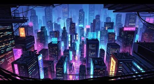 Cybernetic Cityscape: Vibrant Neon Skyscrapers & Cyberpunk Elements