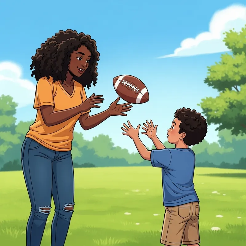 Wholesome Scene: Young Black Mother Teaching Son Football Catch