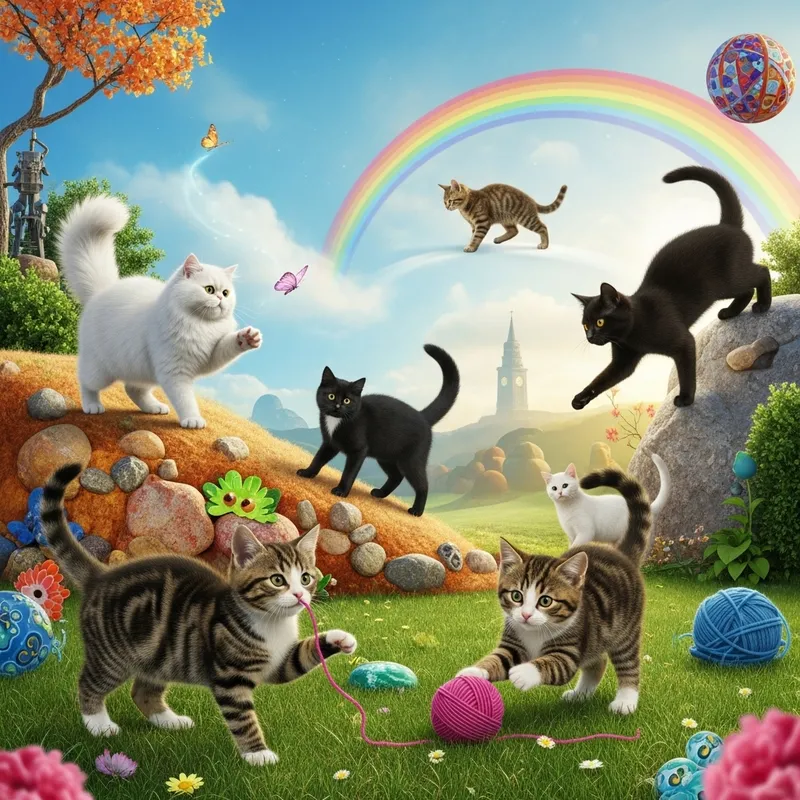 Whimsical Cats Playing in Dreamy Childhood Memories
