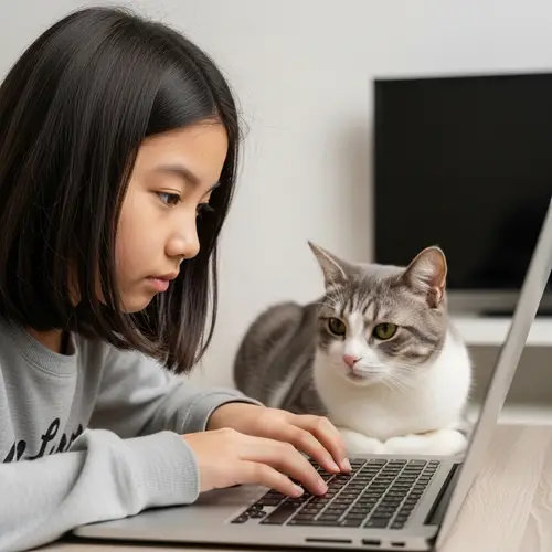 Asian Girl Working on Laptop with Gray and White Tabby Cat
