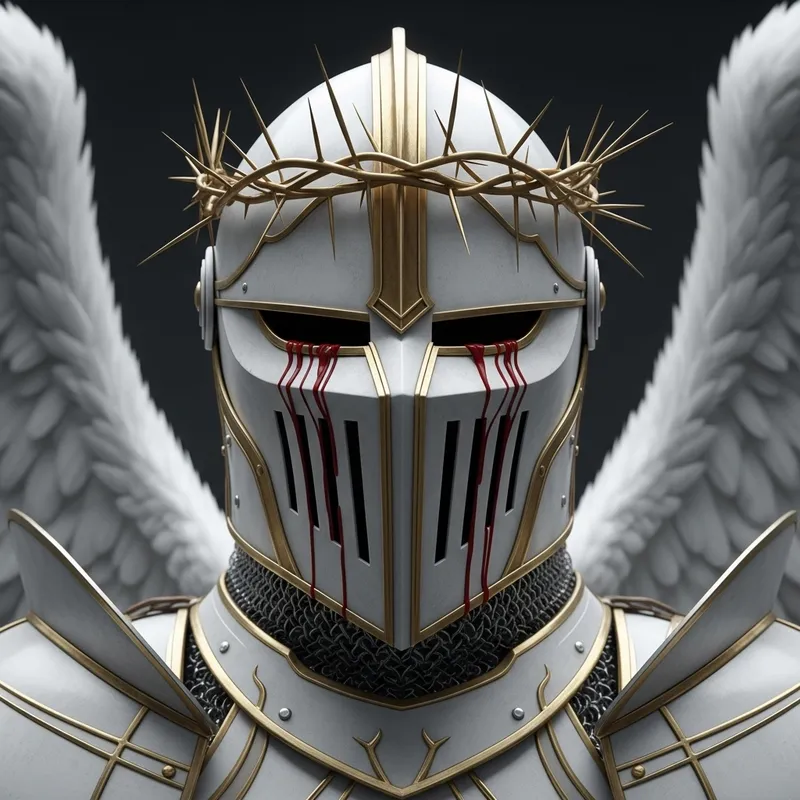 Knight in White Armor with Angelic Hannya Helmet Knight in White Armor with Angelic Hannya Helmet