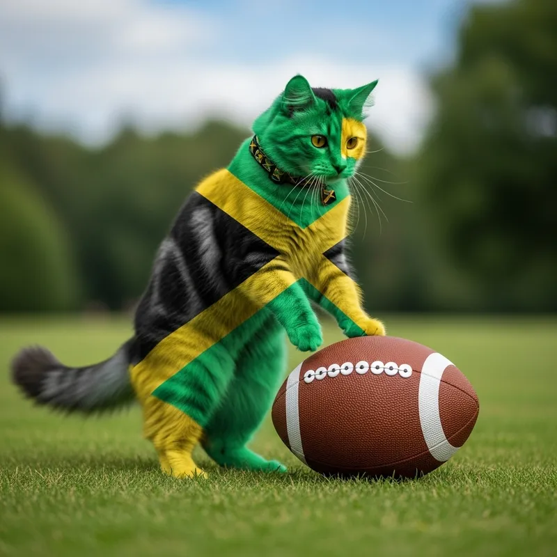 Jamaican Flag Cat Playing Soccer in Vibrant Colors