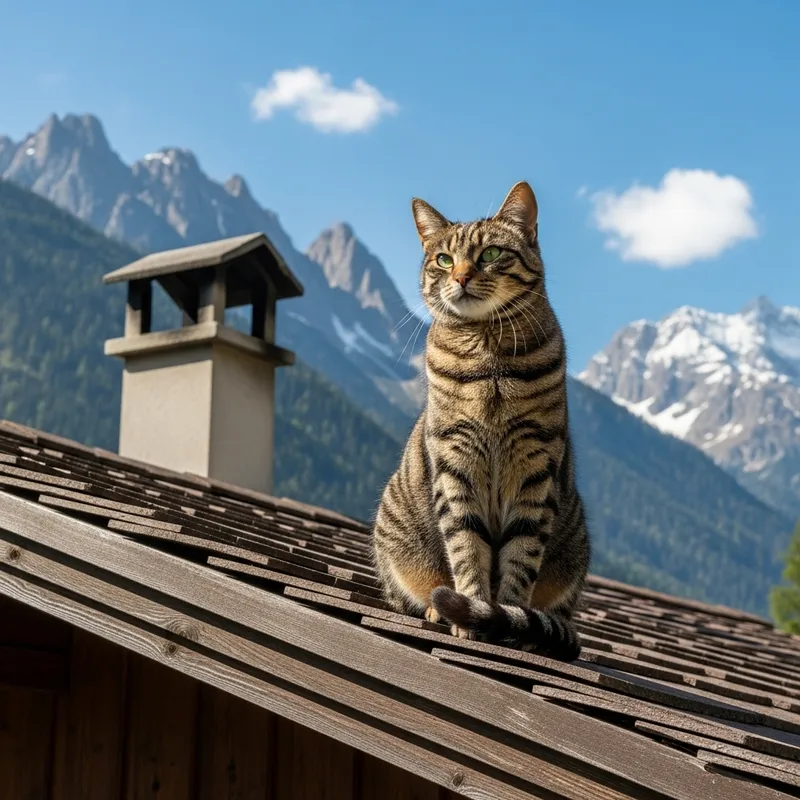 Tabby Cat Enjoying Mountain View from Rustic Roof
