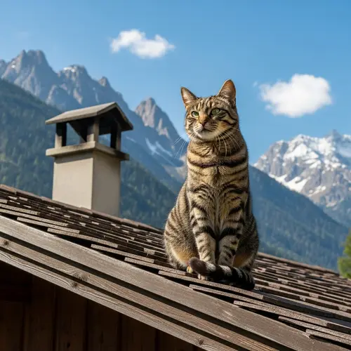 Tabby Cat on Rustic House Roof | Majestic Mountain Backdrop