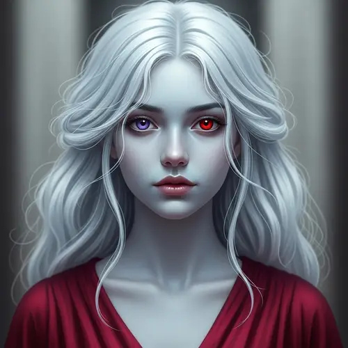 Innocent 18-Year-Old Girl in Red Dress with Unique Features