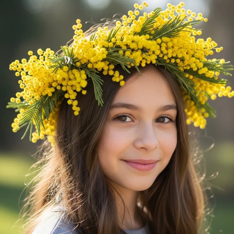 Girl with Mimosa Flower Crown - Spring Floral Headpiece