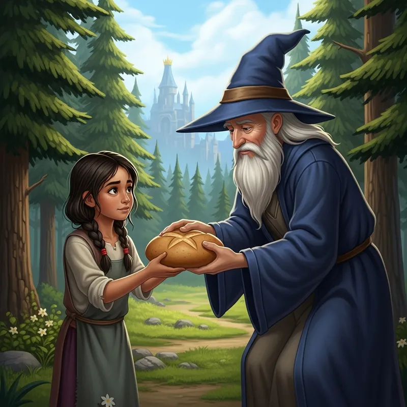 Impoverished Girl and Elderly Wizard Share Bread in Kingdom Woods Impoverished Girl and Elderly Wizard Share Bread in Kingdom Woods