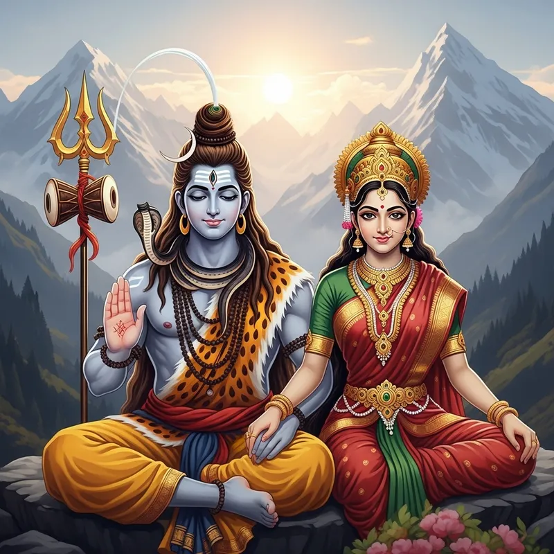 Artistic Representation of Hindu Deities Shiva and Parvathi in Himalaya - Ethereal Scene