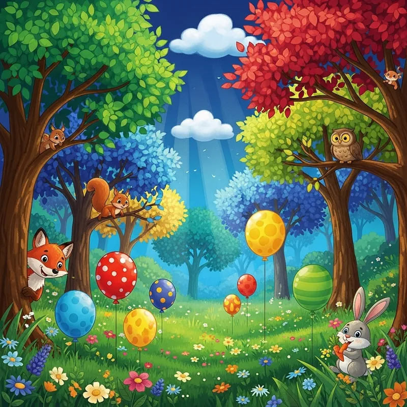 Colorful Children's Forest with Animals and Balloons