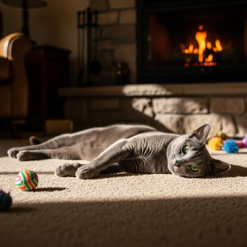 Beautiful Russian Blue Cat in Cozy Home Environment