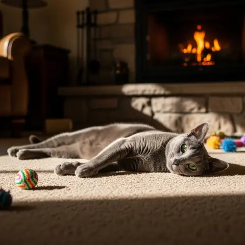 Tranquil Russian Blue Cat in Vintage Living Room Setting
