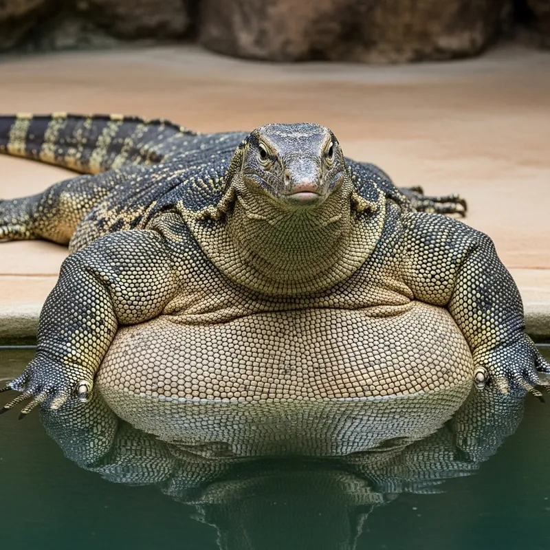 Giant Morbidly Obese Water Monitor Lizard in Pool