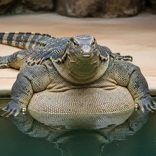 Morbidly Obese Water Monitor Lizard Lounging in Pool