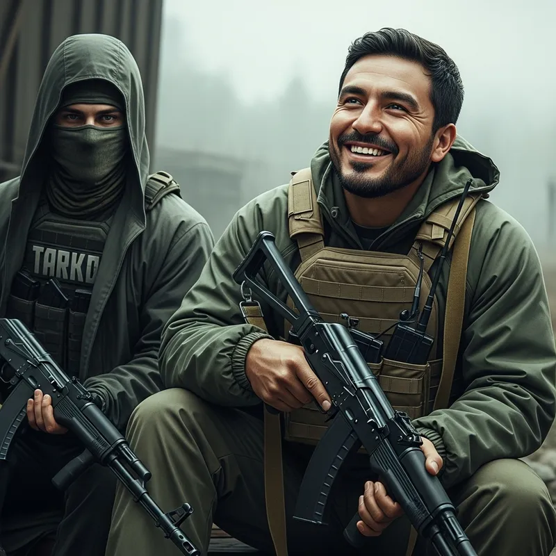 Man in Armored Jacket Holding Weapon in Tarkov Man in Armored Jacket Holding Weapon in Tarkov