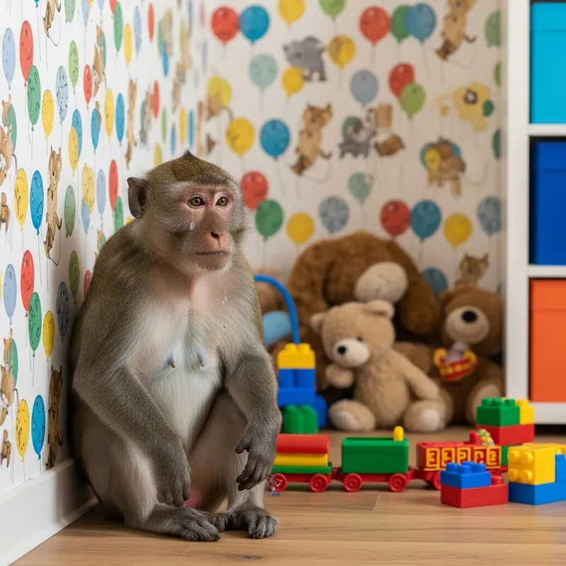 Sad Monkey in Bright Children's Room