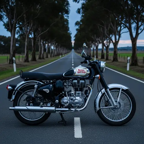 Classic Royal Enfield Motorcycle on Serene Twilight Road