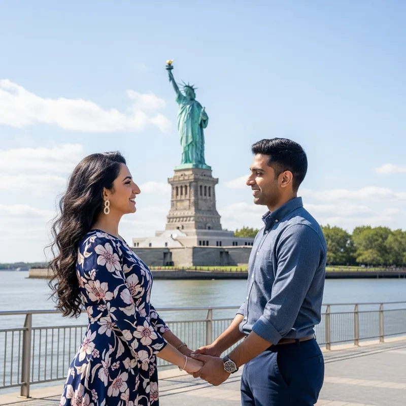 Two People Chatting in English near Statue of Liberty Two People Chatting in English near Statue of Liberty