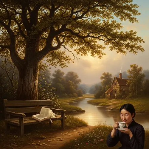 Tranquil Landscape with Cottage, Tree, and River | Peaceful Art Scene