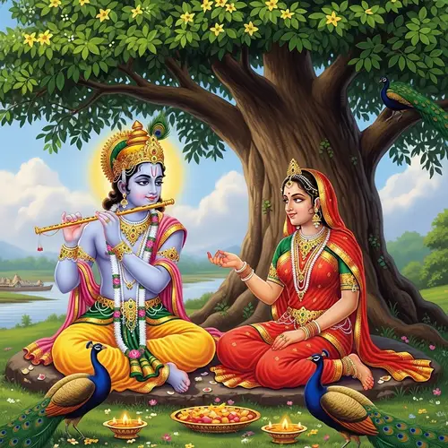 Sri Krishna and Radha: Divine Love Under Kadamba Tree
