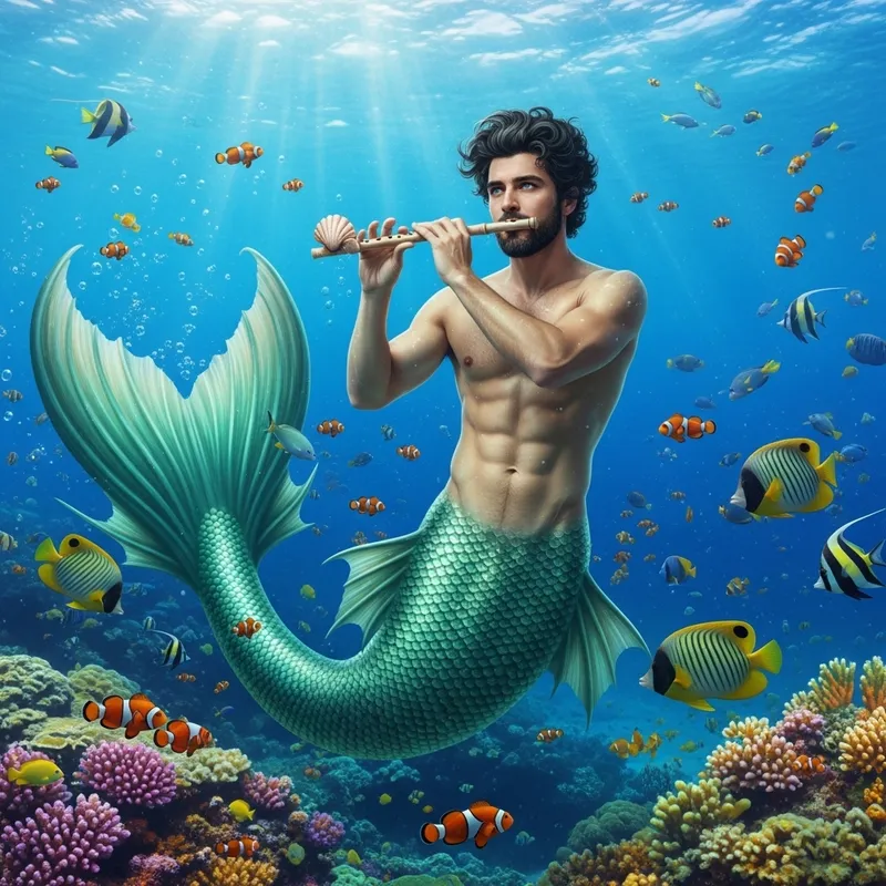 Enchanting Merman Playing Seashell Flute in Coral Reef