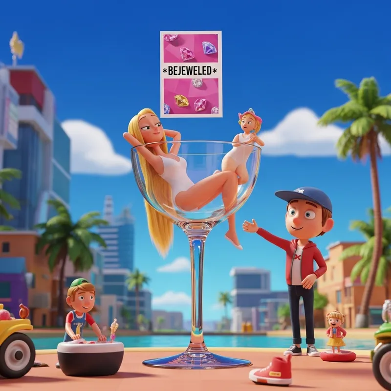 Blonde Woman in White Swimsuit Inside Champagne Glass - Bejeweled Scene