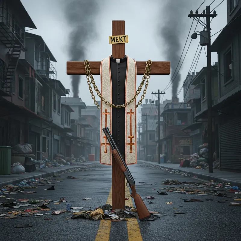 Traditional Wooden Cross with Priest's Vestment and Shotgun in Urban Slum Traditional Wooden Cross with Priest's Vestment and Shotgun in Urban Slum