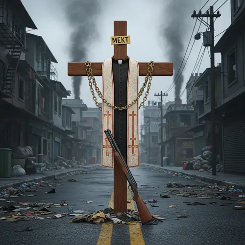 Wooden Cross with Priest's Vestment and Shotgun in Urban Slum