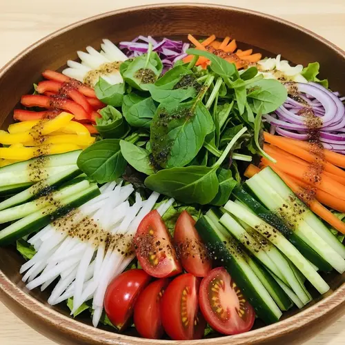 Freshly Sliced Vegetable Salad in Wooden Bowl with Dressing
