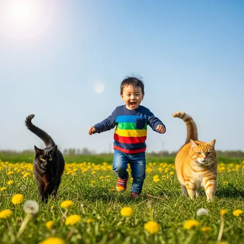 Ecstatic Asian Boy Running in Meadow with Cats | Outdoor Play Joy