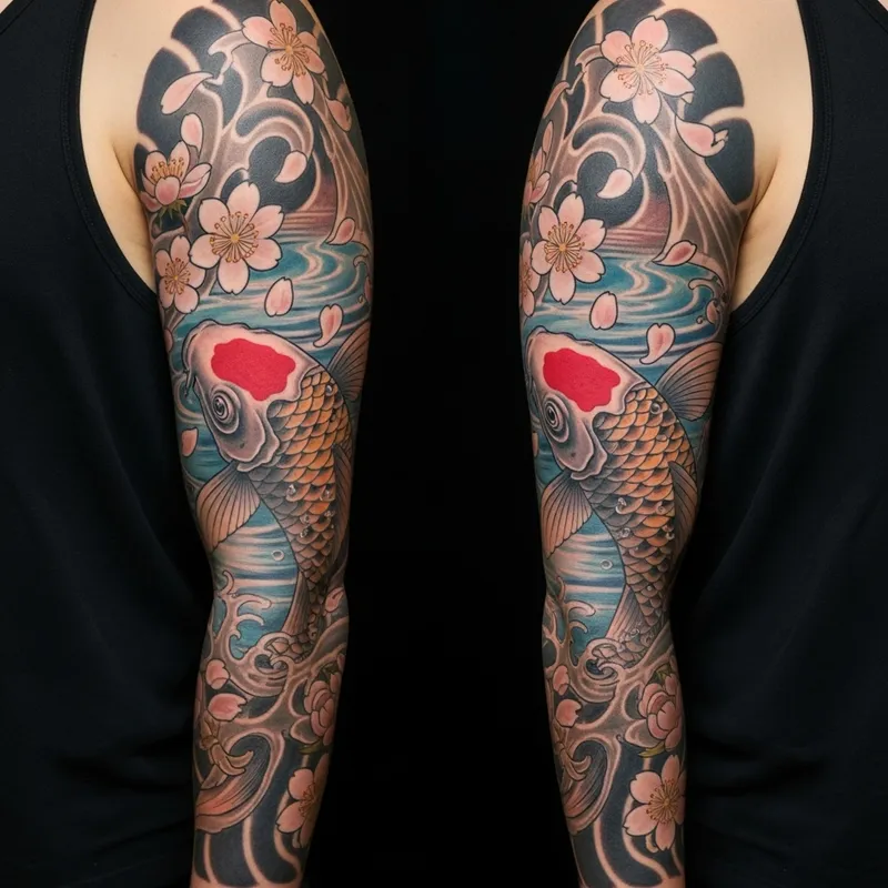 Intricately Designed Koi Fish and Sakura Arm Tattoo