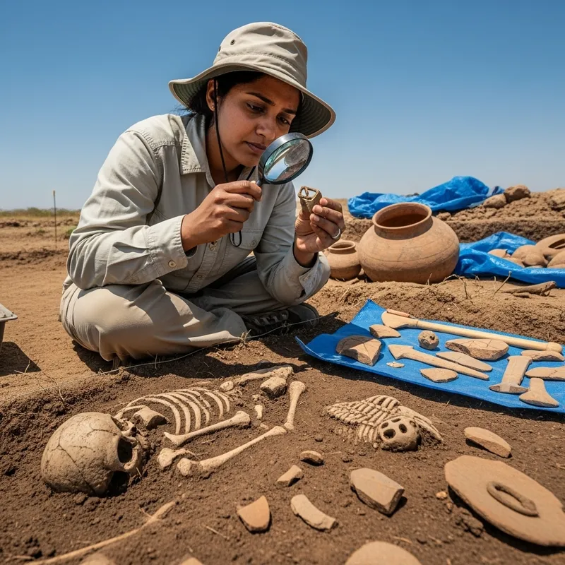 South Asian Female Archeologist with Magnifying Glass | Historical Excavation Site