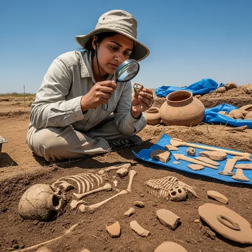 South Asian Female Archeologist Examining Artefacts | Excavation Scene