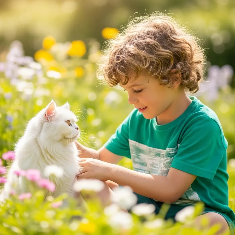 Boy With Curly Blonde Hair Playing With Fluffy Persian Cat