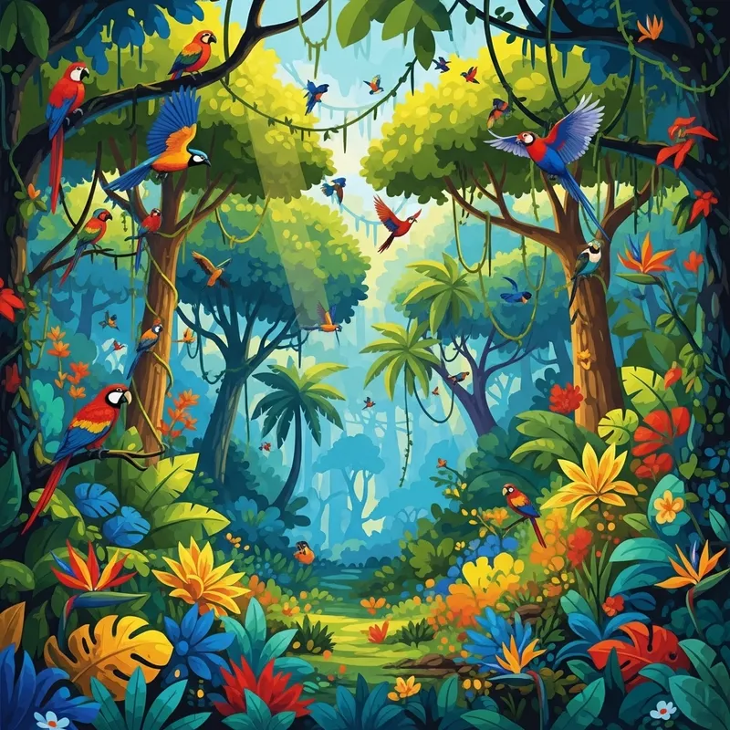 Vibrant Jungle with Diverse Flora & Colorful Birds Vibrant Jungle with Diverse Flora & Colorful Birds