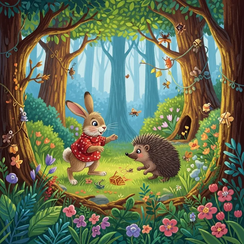 Adorable Rabbit and Hedgehog in Enchanting Forest Scene