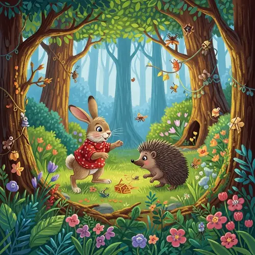 Enchanting Rabbit and Hedgehog Interaction in Magical Forest