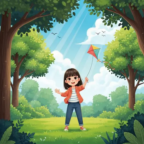 Young Asian Girl Flying Kite in Sunny Park