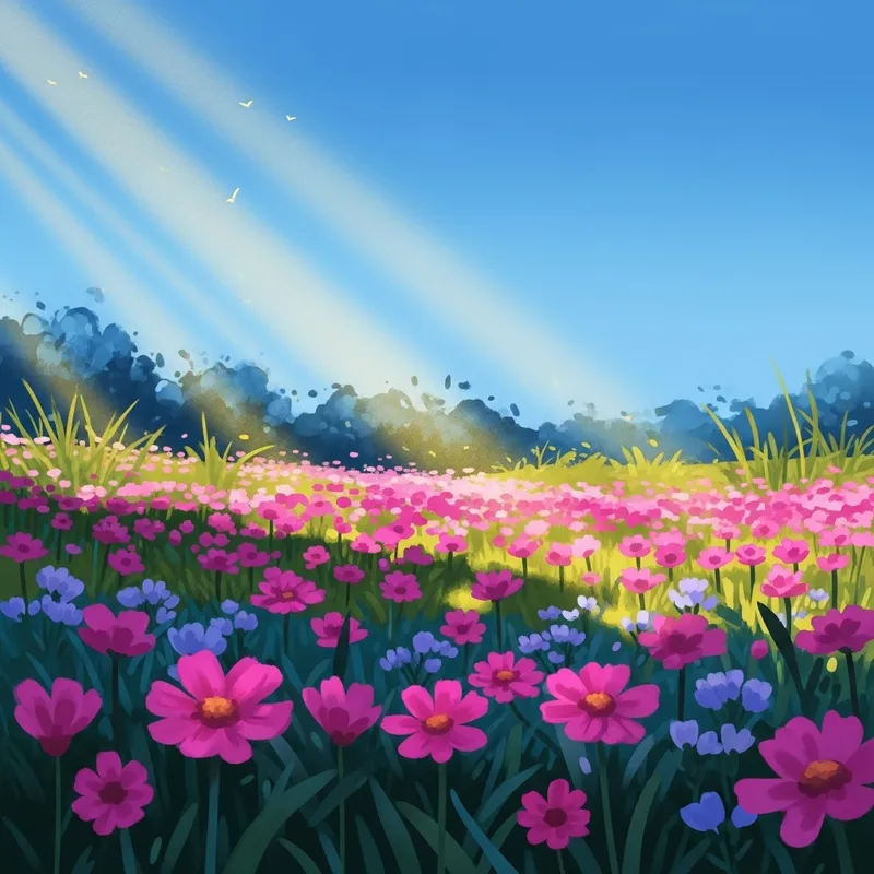 Vivid Pink and Purple Flowers | Green & Blue Nature Scene Vivid Pink and Purple Flowers | Green & Blue Nature Scene