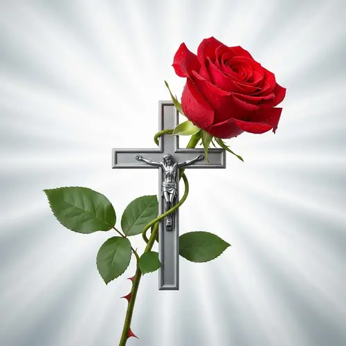 Vibrant Red Rose Wrapped Around Cross