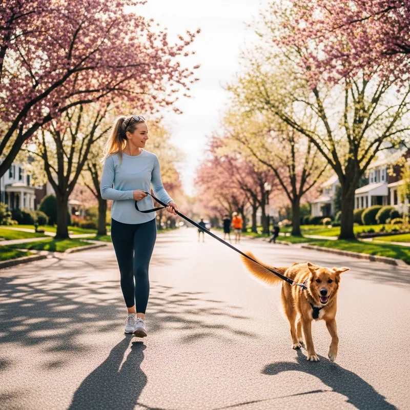 Blonde Woman Walking Dog in Sunny Neighborhood