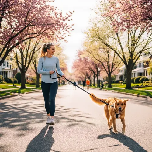Blonde Woman Walking Dog | Peaceful Neighborhood Stroll
