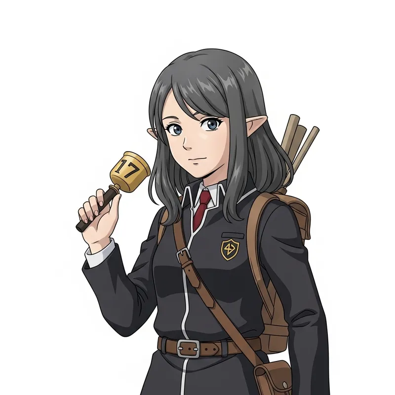 17-Year-Old Dark Gray Haired Female in Anime Delvers Uniform 17-Year-Old Dark Gray Haired Female in Anime Delvers Uniform